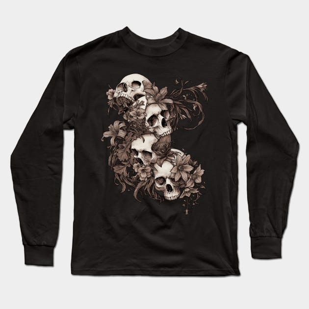 Garden of Skulls -sepia Long Sleeve T-Shirt by Moutchy